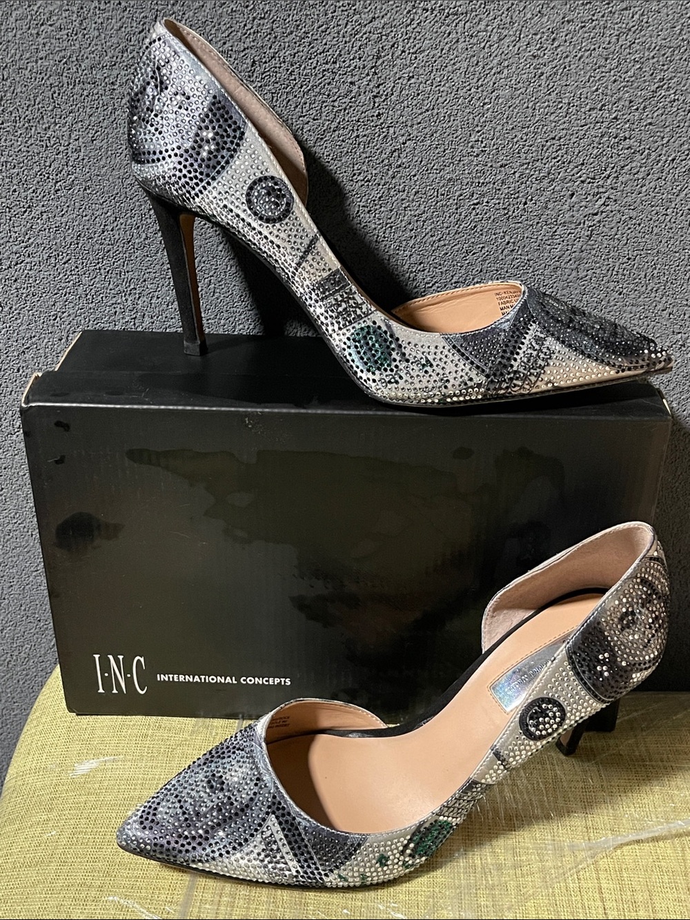 INC International Concepts Silver Black Crystal Embellished Pointed Toe Pumps